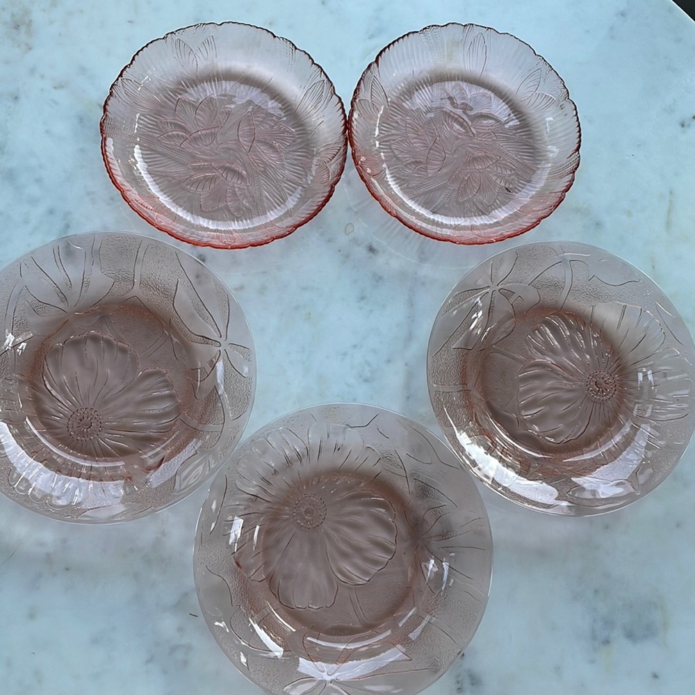 Kig Indonesia and arcoroc France vintage depression glass pink floral set of 7
